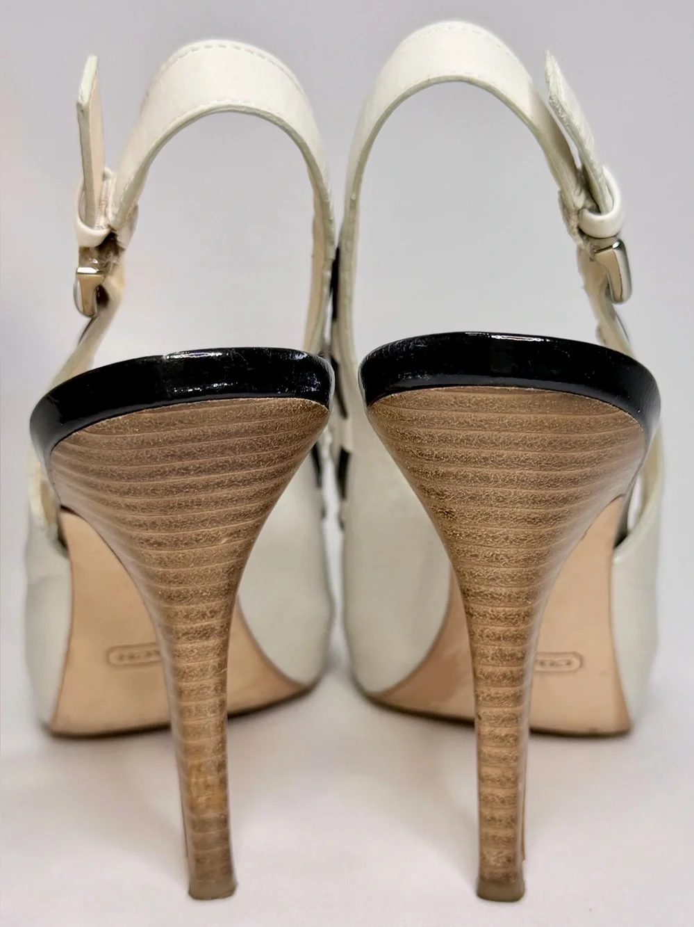 Coach Vintage Antonia Leather Bow Platform Slingback Stiletto Heels Off White 8M